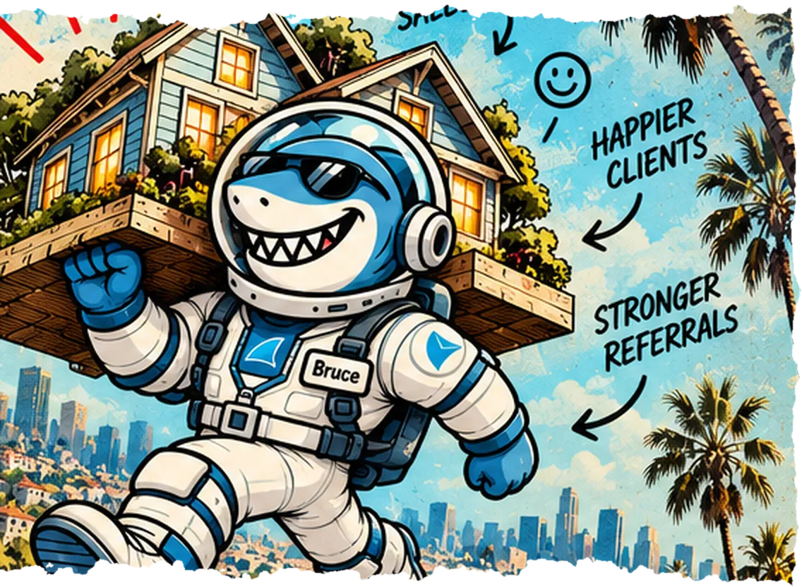 Bruce, a shark in a white and blue spacesuit, striding over a California hillside town while carrying a house on his shoulder. Handwritten notes around him read more sales, happier clients, stronger referrals.